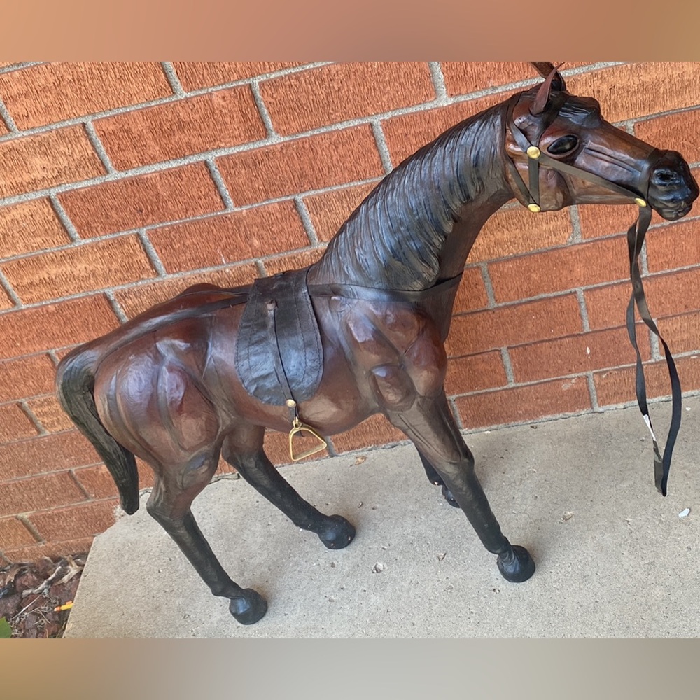 🖤Rare !!VINTAGE! MID CENTURY LEATHER HORSE SCULPTURE! EQUESTRIAN 50'S STALLION🤎